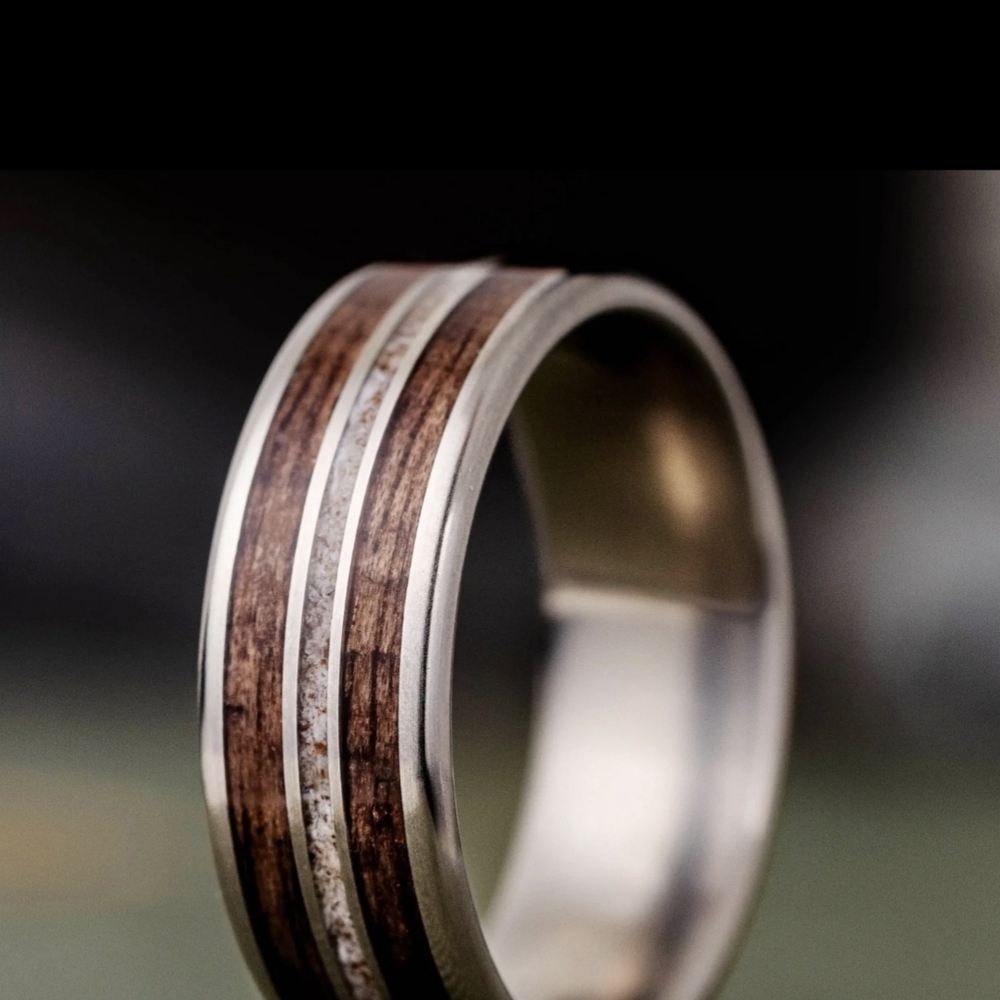 Men's Titanium Antler And Antique Walnut Ring, Custom Made